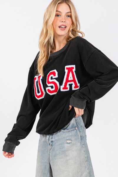 SAGE + FIG USA Letter Patch Round Neck Sweatshirt Hoodies & Sweaters