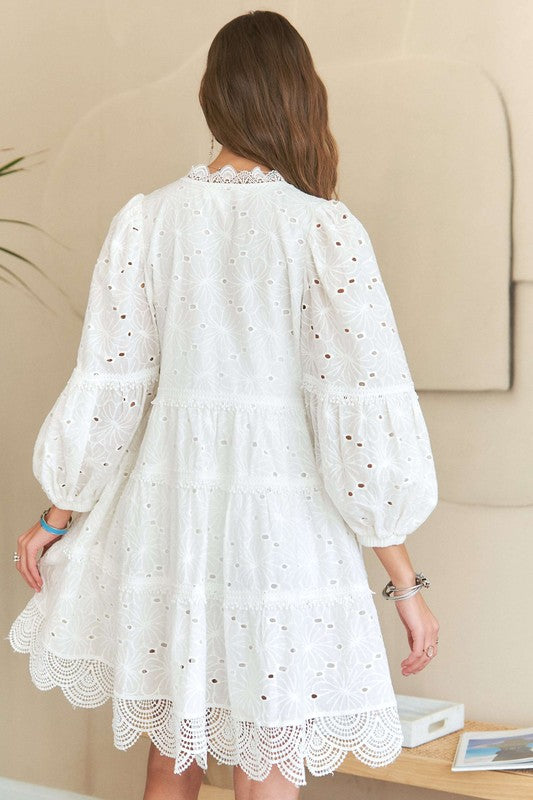 ADORA Lace Detail Tiered Eyelet V-Neck Babydoll Dress Casual Dresses