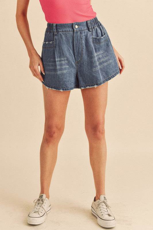 Aemi + Co Frayed Hem Elastic Waist Denim Shorts - Shop Style & More | Fresh Looks, Everyday Deals & Free Shipping