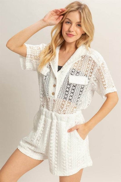 HYFVE Crochet Button Front Short Sleeve Romper - Shop Style & More | Fresh Looks, Everyday Deals & Free Shipping