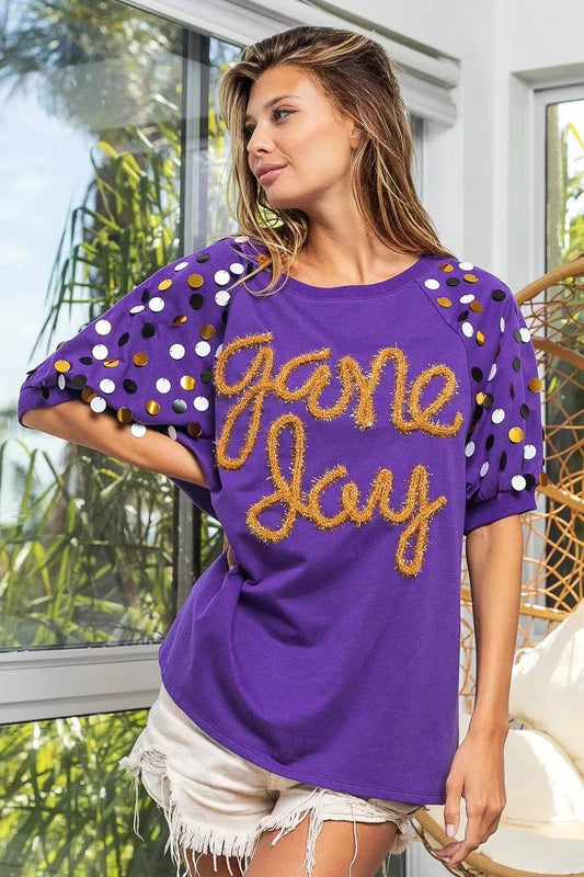 BiBi Game Day Metallic Letter Spangle Sleeve Top - Shop Style & More | Fresh Looks, Everyday Deals & Free Shipping