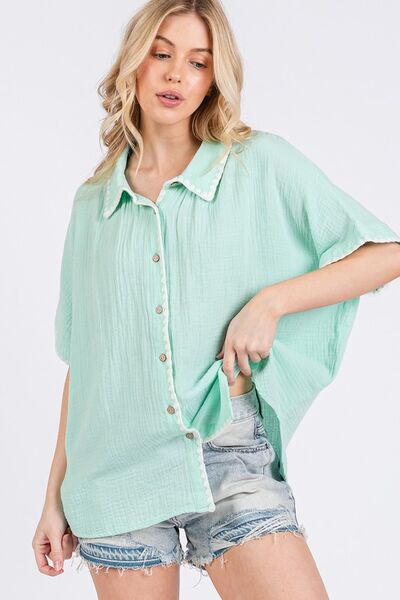 SAGE+FIG Boho Contrast Zigzag Trim Gauze Button-Up Shirt Blouses