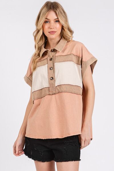 Mittoshop Mineral Washed Half Button Polo Top Apricot Blouses