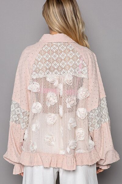 POL Eyelet Flower Pearl Detail Lace Patchwork Shirt Blouses