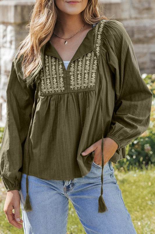 Eloise Embroidered Split Neck Top - Shop Style & More | Fresh Looks, Everyday Deals & Free Shipping