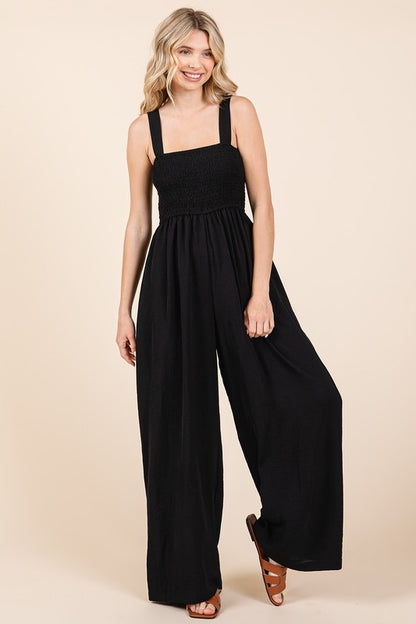 Mittoshop Smocked Wide Strap Wide Leg Overalls Jumpsuits