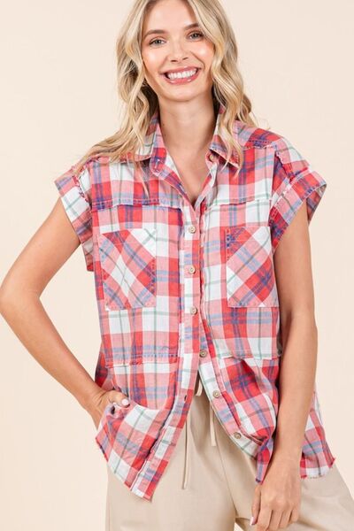 Mittoshop Mineral Wash Plaid Button Down Shirt Red Blouses