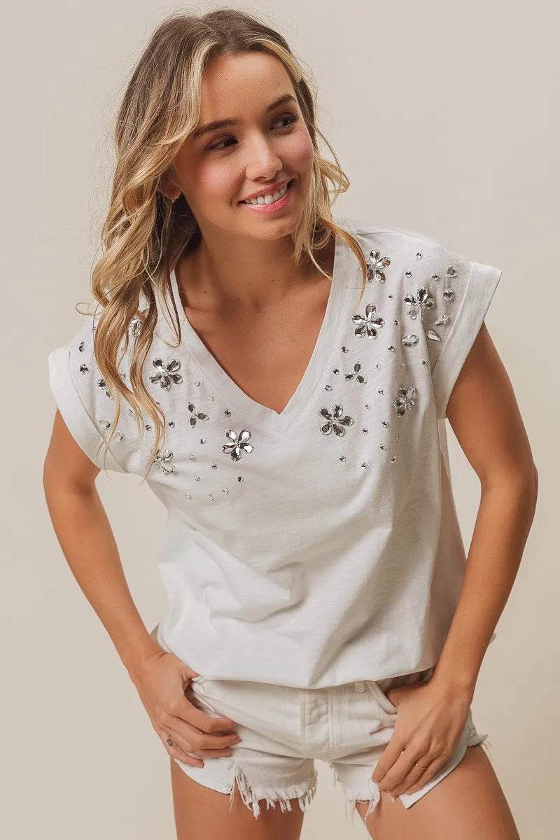 BiBi Slub Jersey Rhinestone V Neck Top - Shop Style & More | Fresh Looks, Everyday Deals & Free Shipping