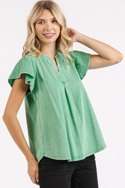 Mittoshop Mix Media Ruffle Short Sleeve Mineral Wash Top Blouses