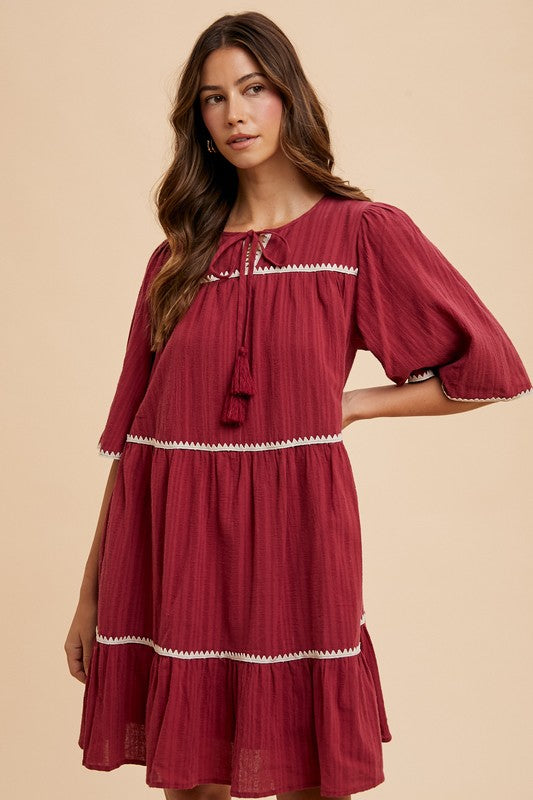 Annie Wear Tassel Contrast Trim Tie Neck Half Sleeve Tiered Dress Burgundy Casual Dresses