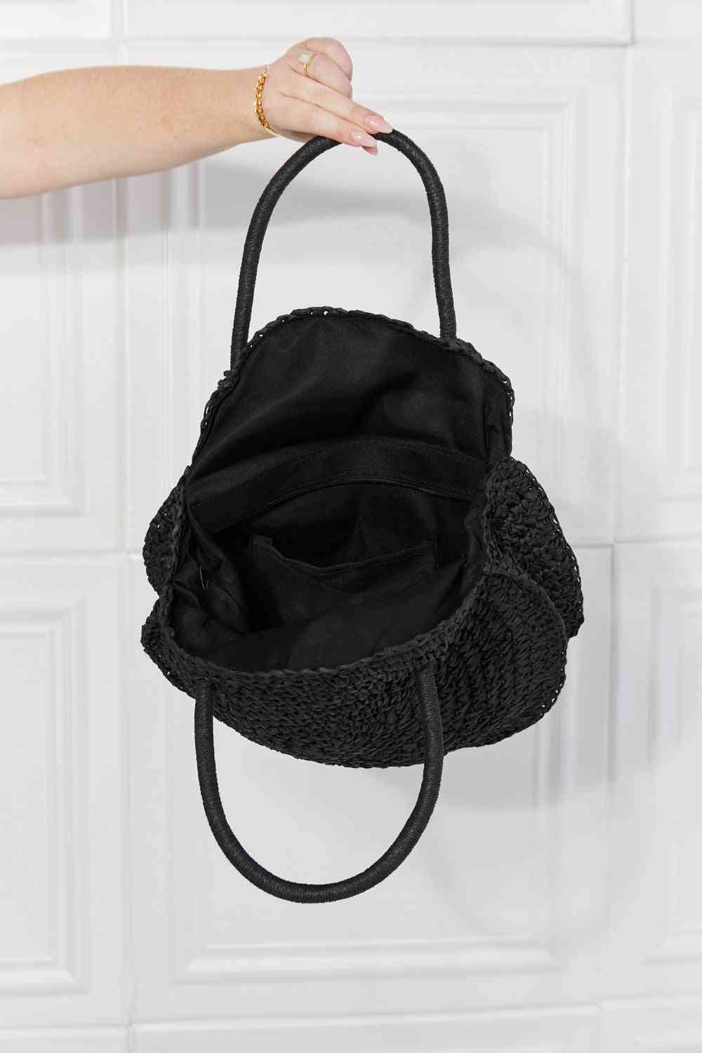 Justin Taylor Beach Date Straw Rattan Handbag in Black Bags