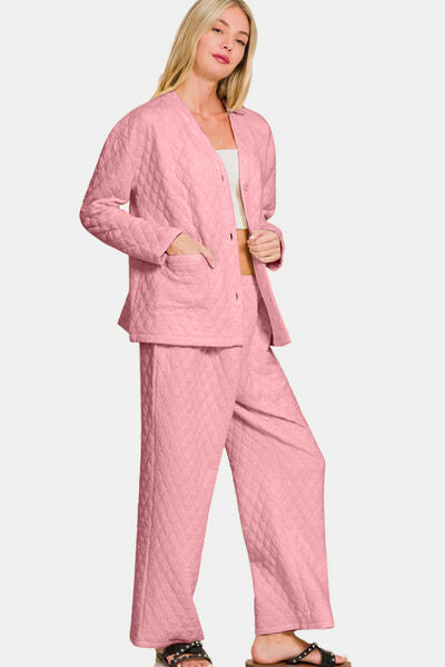 Zenana Quilted Button Up Long Sleeve Top and Pants Lounge Set Lounge Set