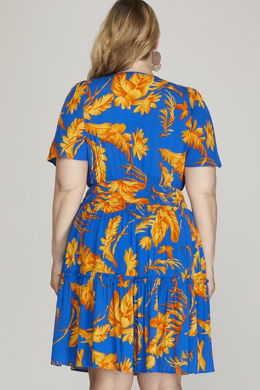 She + Sky Full Size Printed Notched Short Sleeve Frill Tiered Dress Plus Size Casual Dresses