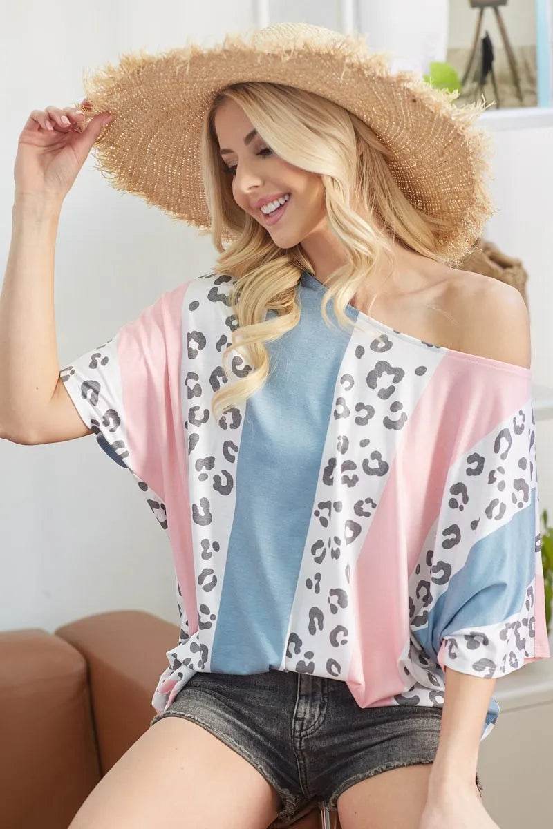BiBi Leopard Stripe Printed French Terry Oversized Top - Shop Style & More | Fresh Looks, Everyday Deals & Free Shipping
