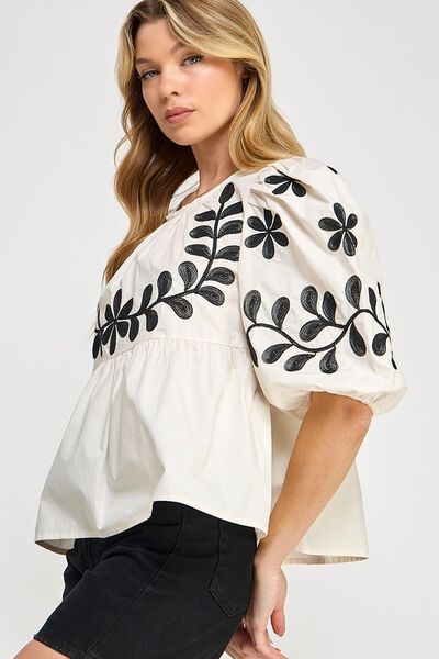 SAGE+FIG Puff-Sleeve Embroidered Peplum Blouse Blouses