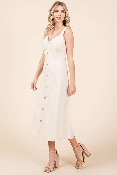 Mittoshop Stretch Twill Decor Button Sleeveless Midi Dress Casual Dresses