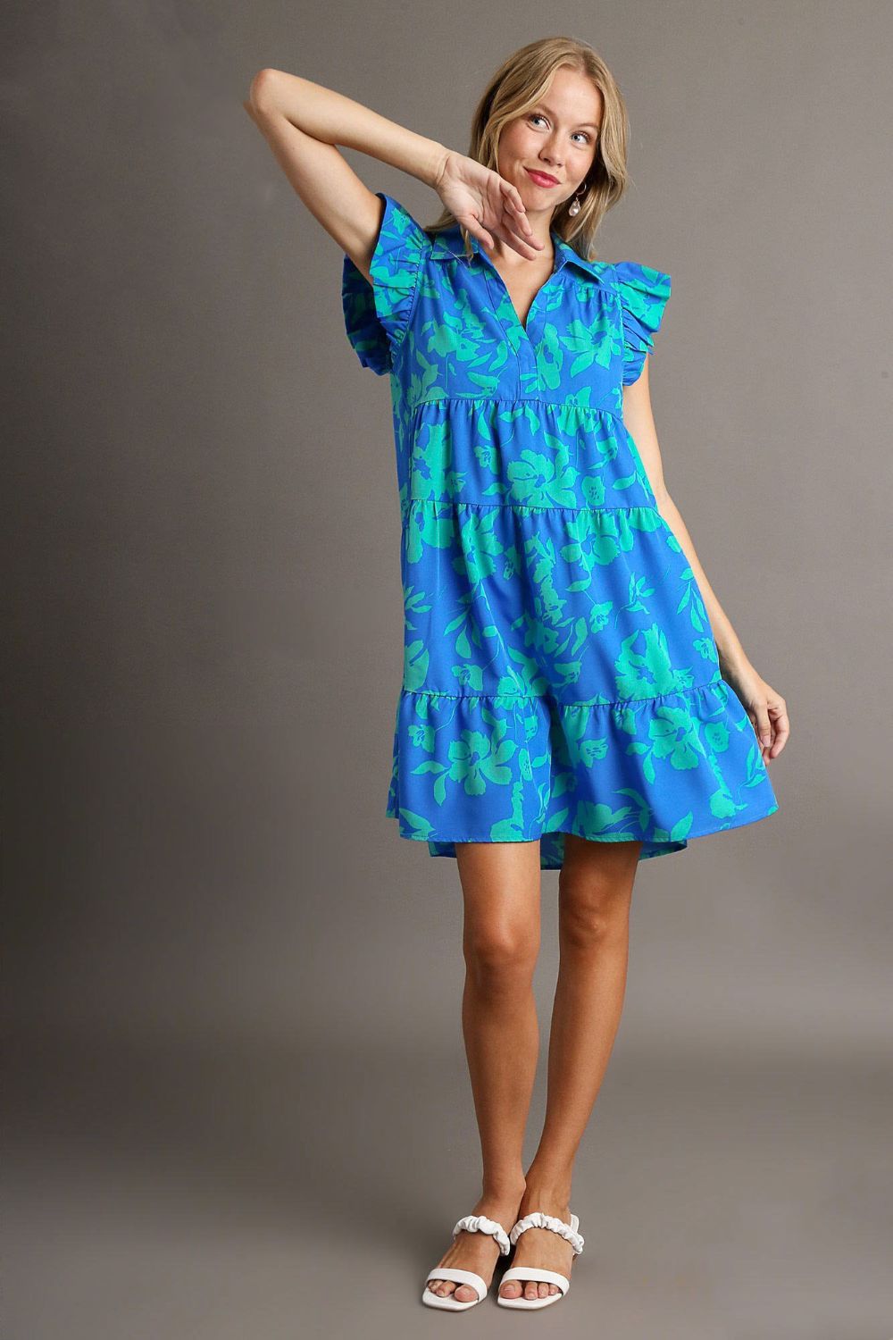 Umgee Full Size Floral Print Ruffle Cap Sleeve Tiered Dress Plus Size Casual Dresses