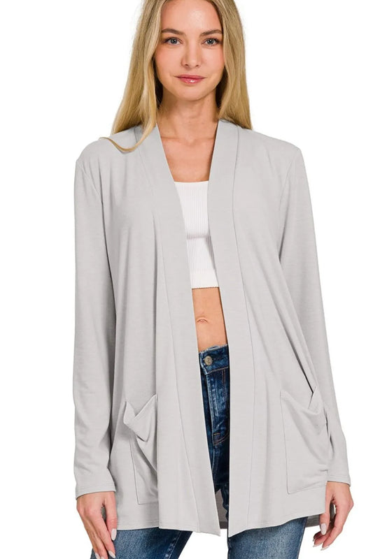 Zenana Slouchy Lightweight Open Front Pocket Cardigan LT GREY Women's Outerwear