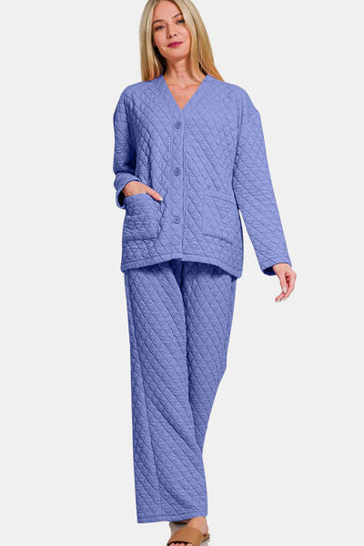 Zenana Quilted Button Up Long Sleeve Top and Pants Lounge Set Lounge Set