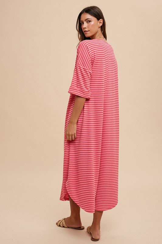 Annie Wear Striped Round Neck Terry Midi Dress Casual Dresses