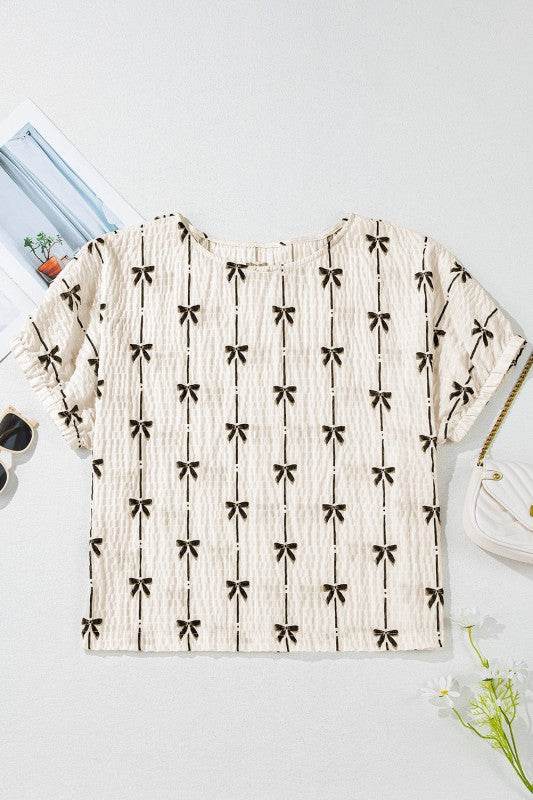 Aviana Bow Print Puff Short Sleeve Top - Shop Style & More | Fresh Looks, Everyday Deals & Free Shipping