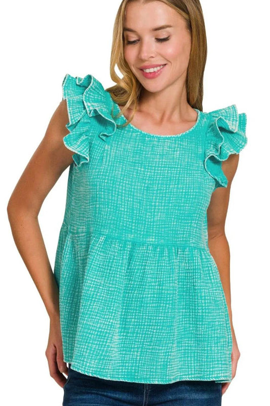 Zenana Double Gauze Acid Washed Tiered Ruffle Peplum Top - Shop Style & More | Fresh Looks, Everyday Deals & Free Shipping