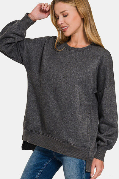 Zenana High-Low Acid Wash Fleece Sweatshirt Hoodies & Sweaters