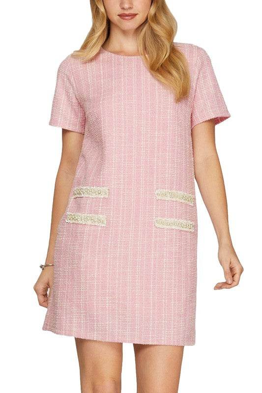 She + Sky Full Size Short Sleeve Pearl Studded Trim Knit Tweed Dress Plus Size - Shop Style & More | Fresh Looks, Everyday Deals & Free Shipping