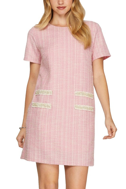 She + Sky Full Size Short Sleeve Pearl Studded Trim Knit Tweed Dress Plus Size Blush Pink Casual Dresses