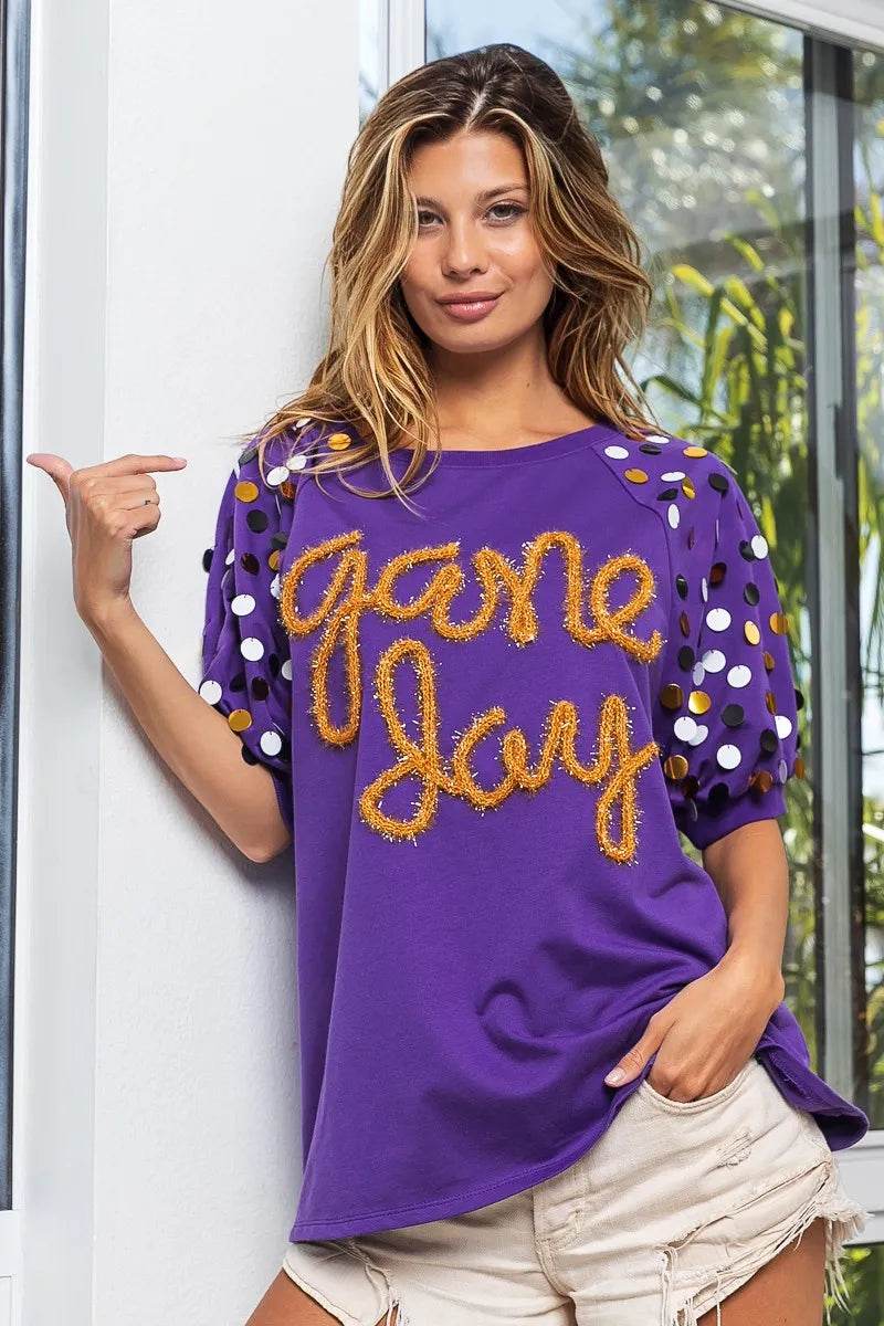 BiBi Game Day Metallic Letter Spangle Sleeve Top - Shop Style & More | Fresh Looks, Everyday Deals & Free Shipping