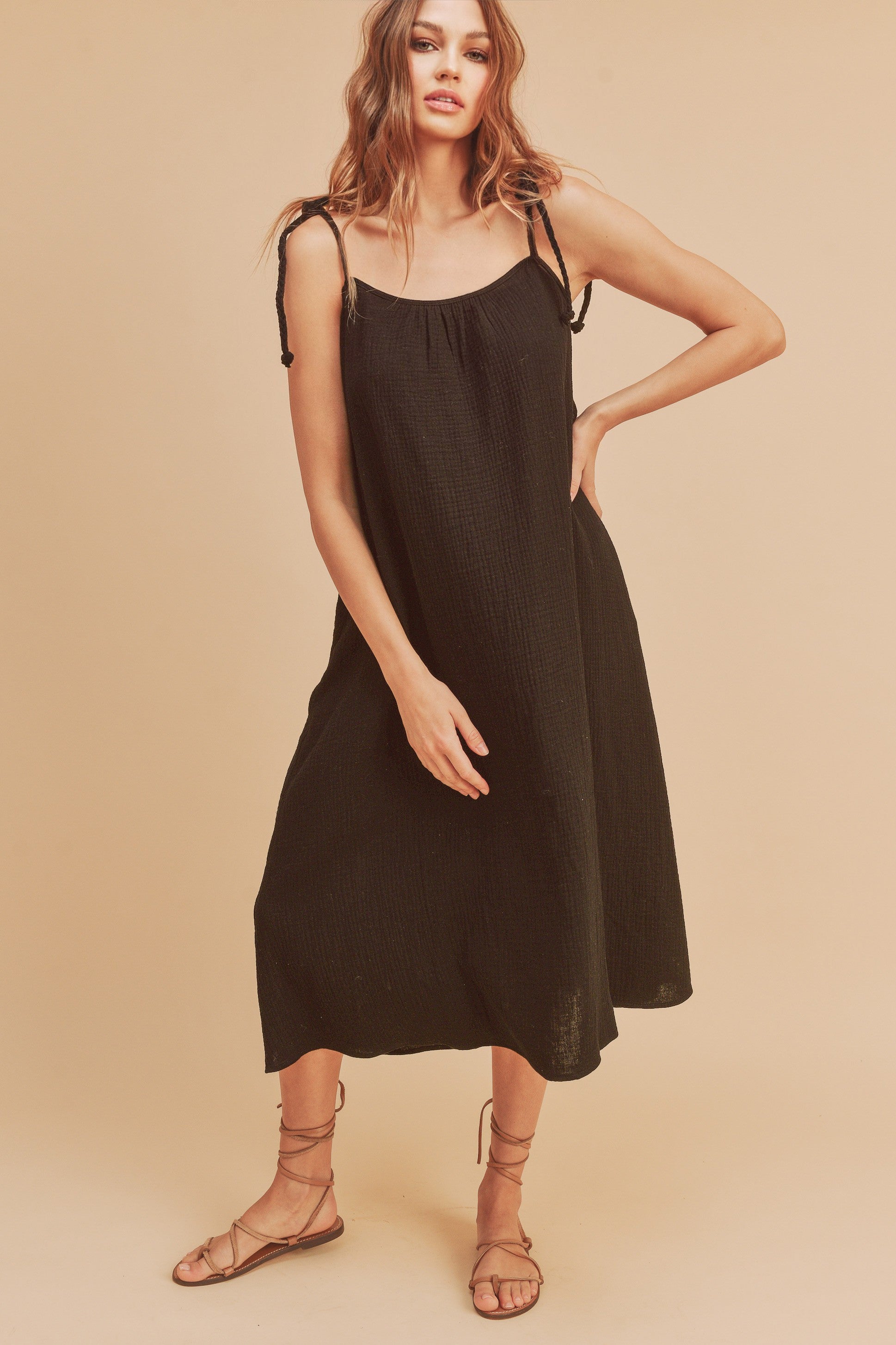 Aemi+Co Midi Cami Dress with Pockets Black Casual Dresses