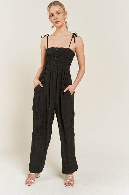 SMOCKED TIE STRAP JUMPSUIT - Shop Style & More | Fresh Looks, Everyday Deals & Free Shipping