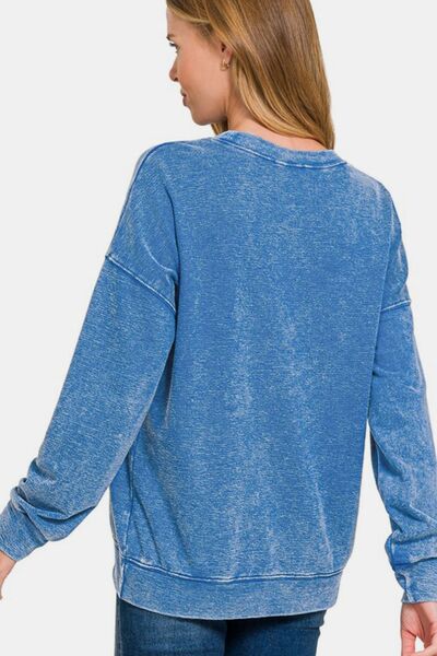 Zenana Washed Round Neck Dropped Shoulder Sweatshirt Hoodies & Sweaters