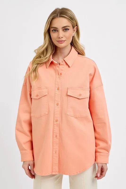 RISEN Full Size Button Down Long Sleeve Denim Shacket with Chest Pockets Plus Size - Shop Style & More | Fresh Looks, Everyday Deals & Free Shipping