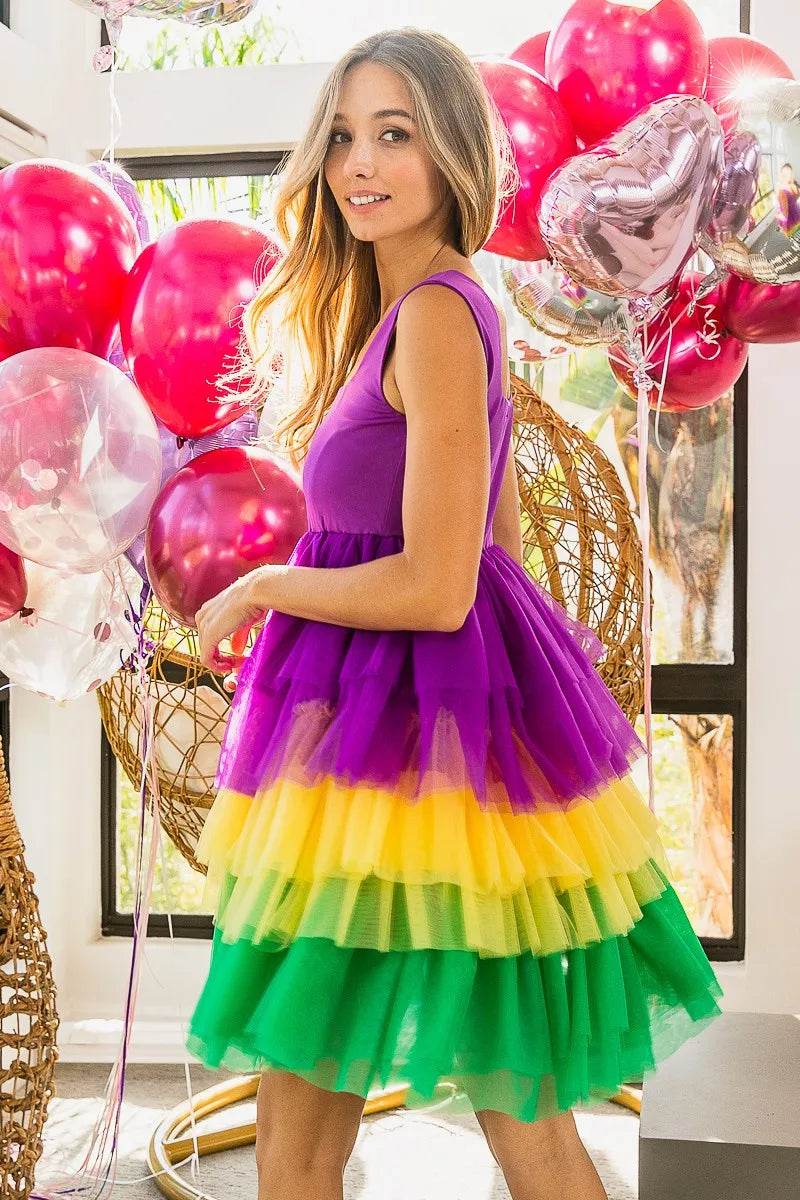 BiBi Mardi Gras Color Block Layered Mesh Tiered Dress - Shop Style & More | Fresh Looks, Everyday Deals & Free Shipping