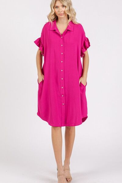 Mittoshop Button Down Flounce Sleeve Dress with Pockets Fuchsia Pink Casual Dresses