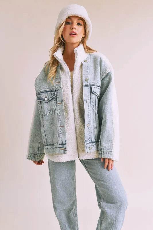 Aemi + Co Denim Washed Drop Shoulder Sherpa Fake Two Pieces Jacket - Shop Style & More | Fresh Looks, Everyday Deals & Free Shipping