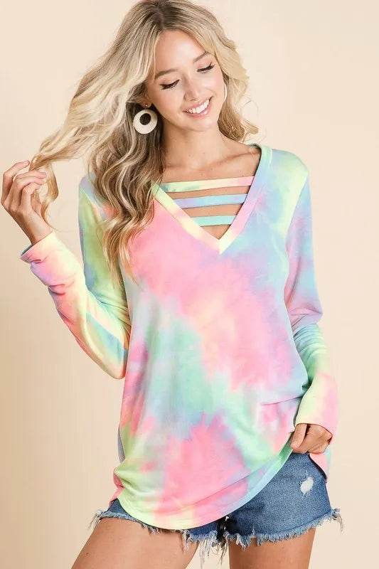 BiBi Tie Dye French Terry V-Neck Top with Strapped - Shop Style & More | Fresh Looks, Everyday Deals & Free Shipping
