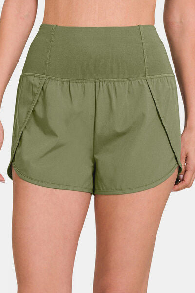 Zenana High-Waisted Zippered Back Pocket Active Shorts Lt Olive Sport Shorts