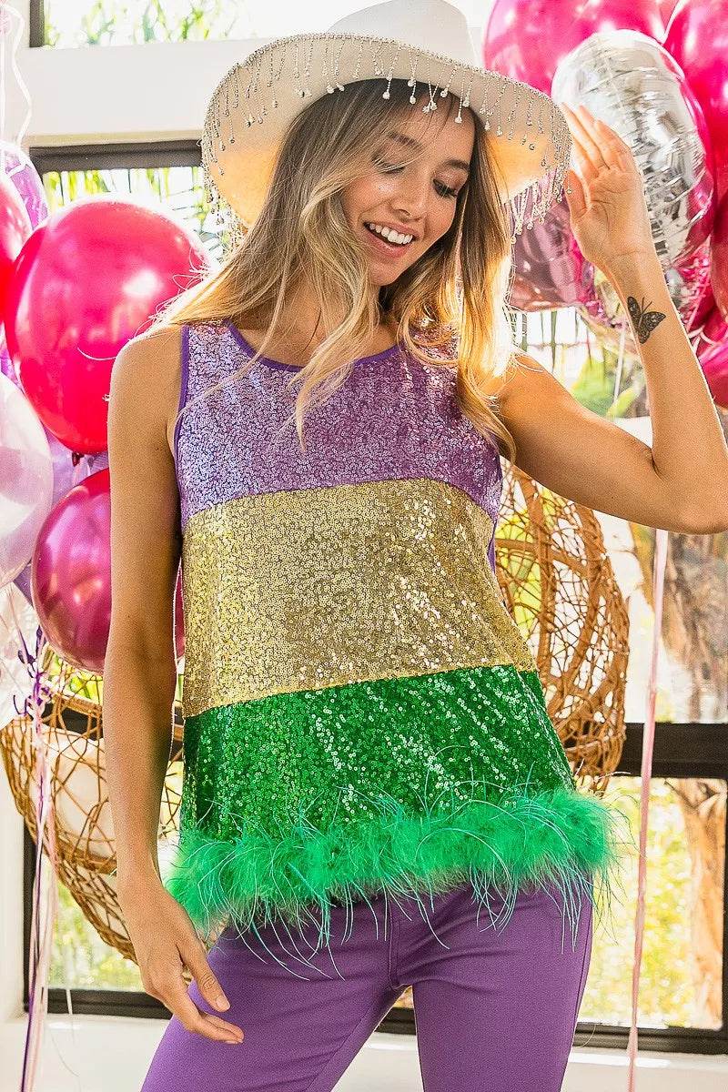BiBi Mardi Gras Color Block Faux Feather Hem Sequin Top - Shop Style & More | Fresh Looks, Everyday Deals & Free Shipping