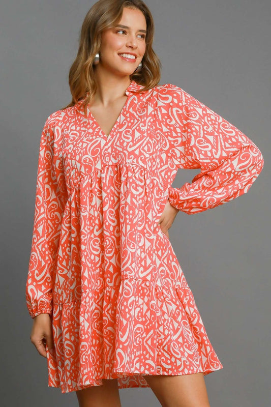 Umgee Full Size Two Tone Print Balloon Sleeve Tiered Dress Plus Size CORAL MIX Casual Dresses