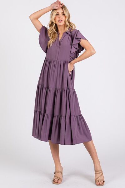 Mittoshop Ruffle Sleeve Collared V Neck Tiered Midi Dress Mauve Casual Dresses