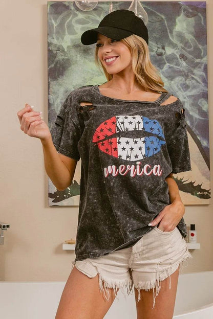 BiBi Laser Cut Mineral Washed Old Glory Lip Print Top - Shop Style & More | Fresh Looks, Everyday Deals & Free Shipping
