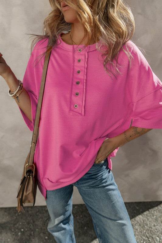 Aliana Exposed Seam Button Neck Wide Sleeve Tunic - Shop Style & More | Fresh Looks, Everyday Deals & Free Shipping