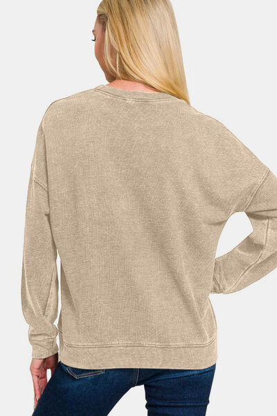 Zenana Washed Round Neck Dropped Shoulder Sweatshirt Hoodies & Sweaters