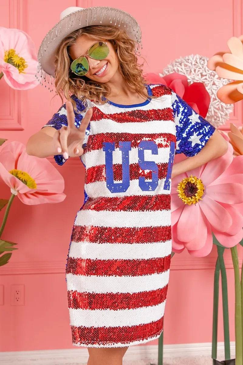 BiBi American Flag Theme Usa Print Sequin Dress - Shop Style & More | Fresh Looks, Everyday Deals & Free Shipping