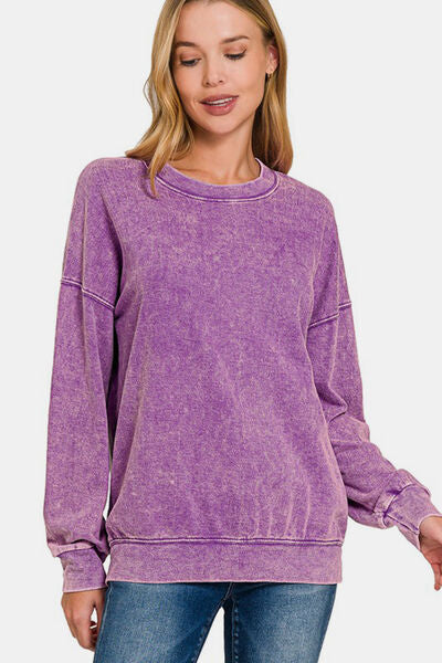 Zenana Washed Round Neck Dropped Shoulder Sweatshirt Violet Hoodies & Sweaters