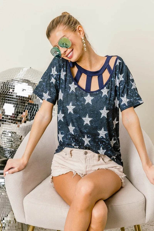 BiBi Vintage Star Print Top With Contrast Caged Neck - Shop Style & More | Fresh Looks, Everyday Deals & Free Shipping