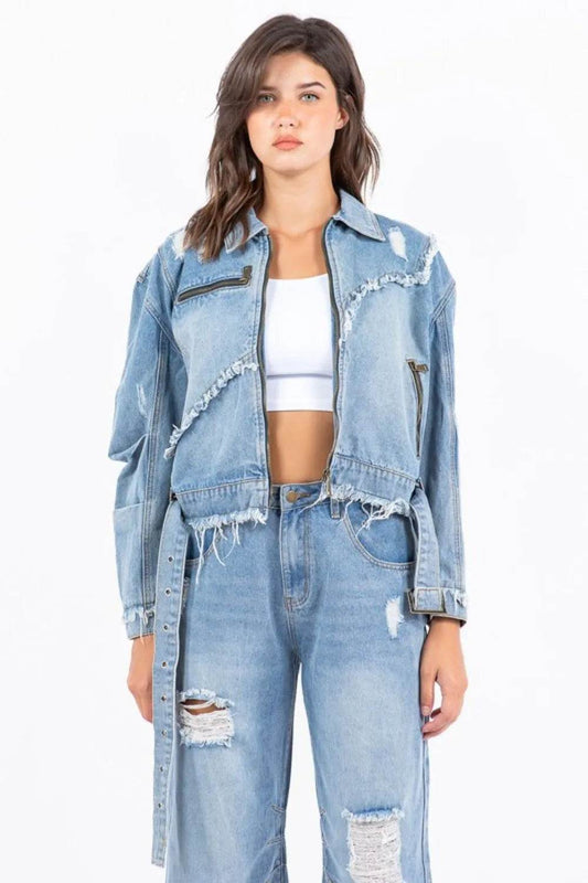 American Bazi Full Size Distressed Frayed Edge Zip Up Denim Jacket Plus Size - Shop Style & More | Fresh Looks, Everyday Deals & Free Shipping