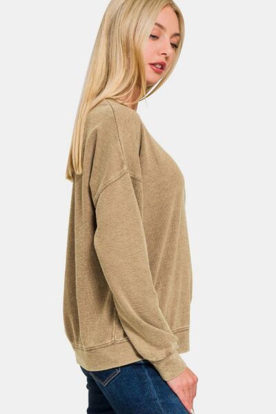 Zenana Washed Round Neck Dropped Shoulder Sweatshirt Hoodies & Sweaters